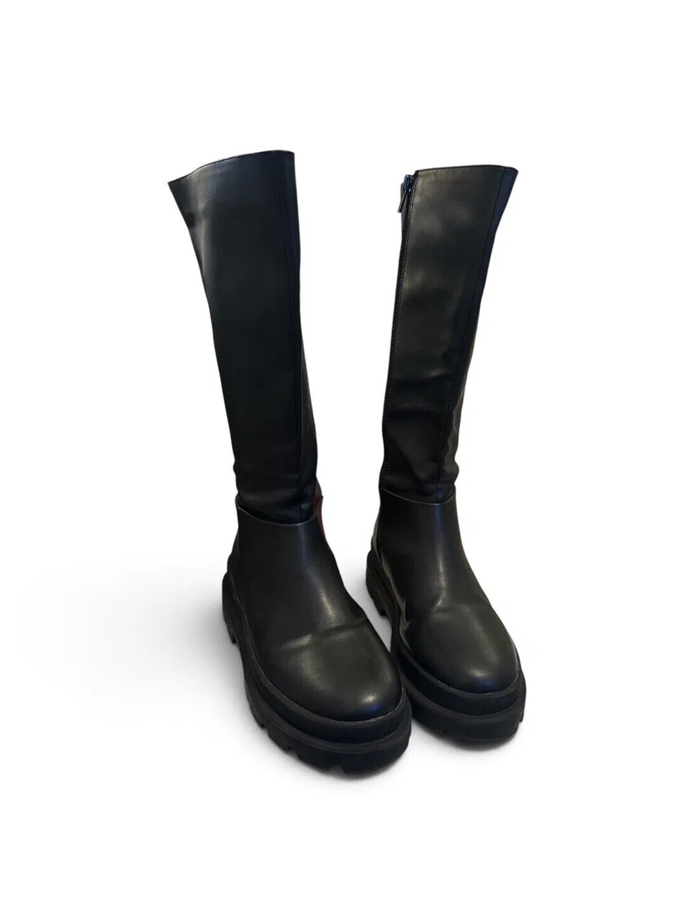 H&M Girls Black Chunky Lug Sole Knee High Boots Side Zip Grunge Y2K